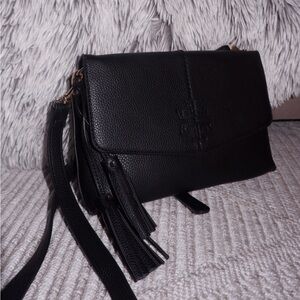 Tory Burch McGraw Black Leather Crossbody Bag Tassel Pebbled Flap